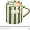 1 Pack Ceramic Mug with Sip Hole, Handle, Green | 10oz Ceramic Coffee Cup with Straws, Retro Hand Painted Striped, for Iced Coffee Tea Latte Espresso, Kitchen Dining Travel