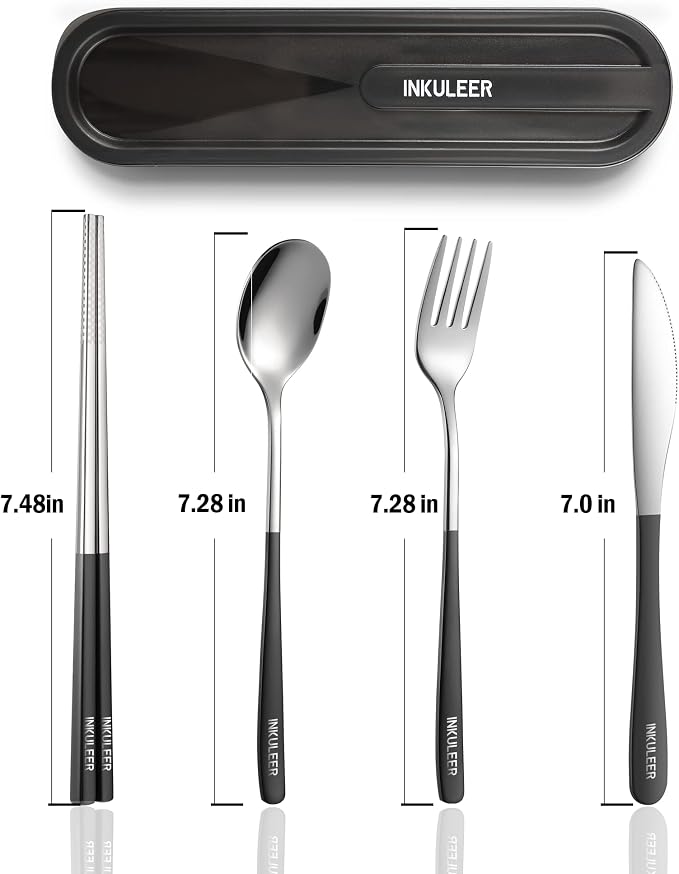 iNKULEER Travel cutlery set, 18/8 stainless steel cutlery, Reusable utensils set with case, Portable Silverware Lunch Box for Camping and Office