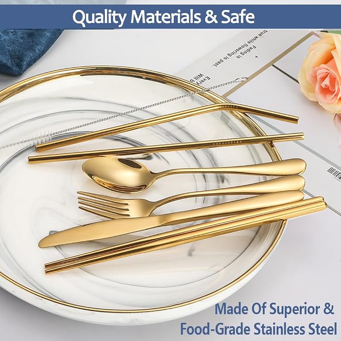 Stainless Steel Travel Utensil Set with Case - Portable Flatware Cutlery, Chopsticks, Straw - Gold