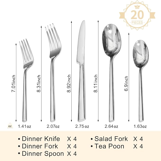 Silverware Set, 20-Piece Forged Novelty Flatware Cutlery Utensil Set Premium Stainless Steel, Service for 4, for Kitchen, Home, Wedding, Party, Mirror Polished and Dishwasher Safe