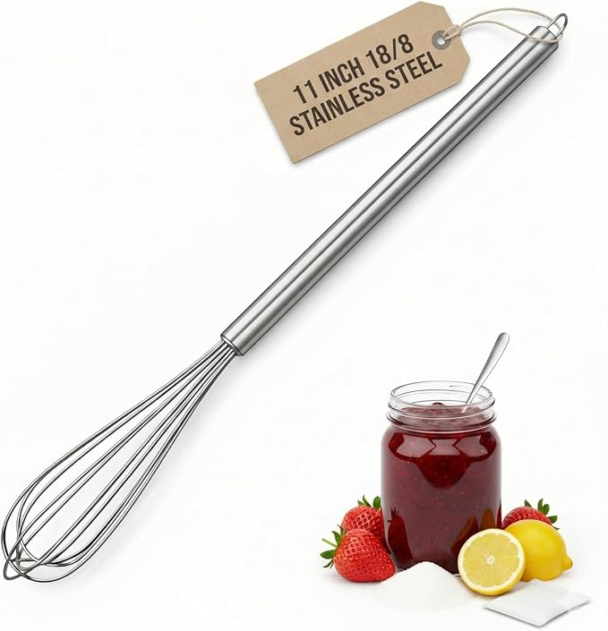 11-Inch Slim French Whisk, Small Whisk, 18/8 Stainless Steel, Long Handle | Thin Mini Wire Whisk Fits Mason Jars and Tumblers; for Eggs, Sauces, Dressings, Coffee and Protein Drinks; Dishwasher Safe