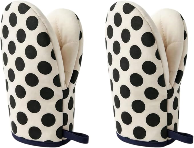 1 Pair Mini Oven Mitts,High Heat Resistant Oven Gloves,Kitchen Short Oven Mit with Hanging Loop for BBQ, Baking, Cooking and Grilling, (dotBlack)