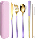 AARAINBOW 6 Pieces 18/8 Stainless Steel Flatware Set Portable Reusable Cutlery Set Travel Utensils Set Including Chopsticks Knife Fork Spoon Straws Cleaning Brush Dishwasher Safe (Purple golden)