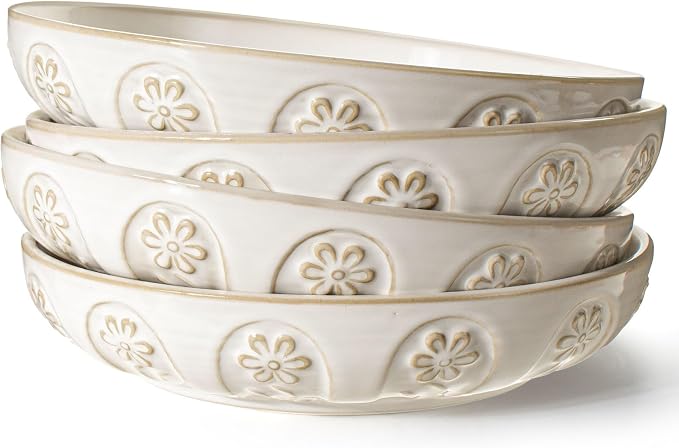 Pasta Bowls, 50oz Large Salad Serving Bowls, 9.75'' Plates Bowls Set of 4, Big White Ceramic Soup Bowls for Kitchen, Embossment Shallow Dinner Bowl, Microwave Dishwasher Safe, Pinwheel Flower
