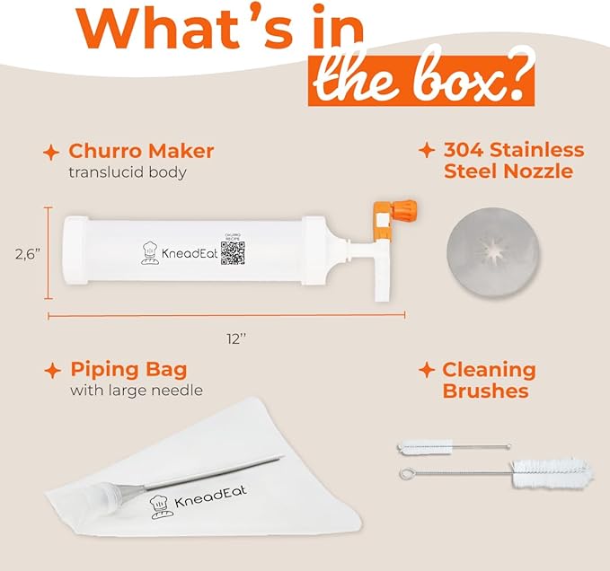 Churro Maker Kit, Booster Handle, Piping Bag, XL Filler, Churrera | QR recipe guide, 304 stainless steel nozzle, homemade filled churros, sweet fillings, easy shaping, family cooking activity
