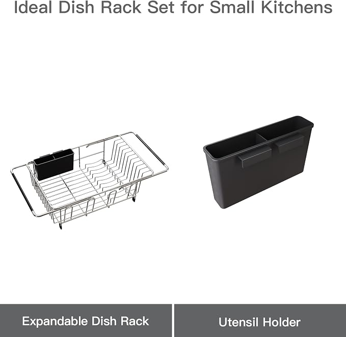 Dish Drying Rack Over The Sink with Adjustable Utensil Holder | Expandable Stainless Steel Dish Drainer for Small Kitchen, Apartment, RV, Counter Space Saving, Perfect Fit, Rustproof