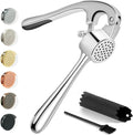 Kitessensu High Effective Premium Garlic Press Set, With Silicone Garlic Peeler & Brush, Heavy Duty Garlic Mincer, Easy to Squeeze and Clean, Rust Proof - Gloss Silver