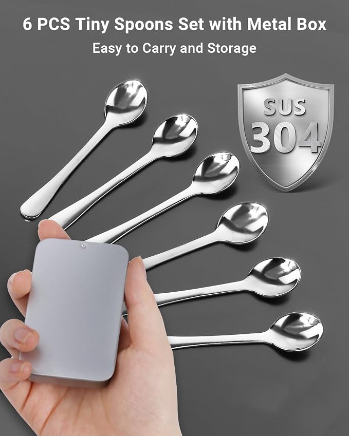 6PCS Tiny Spoons Upgraded Larger Size 3.56 inch - Mini Stainless Steel Spoons for Salt Jars Spice Jars, SUS 304 Food Grade Seasoning Spoon for Powder Spices, Pepper, Sugar, Coffee
