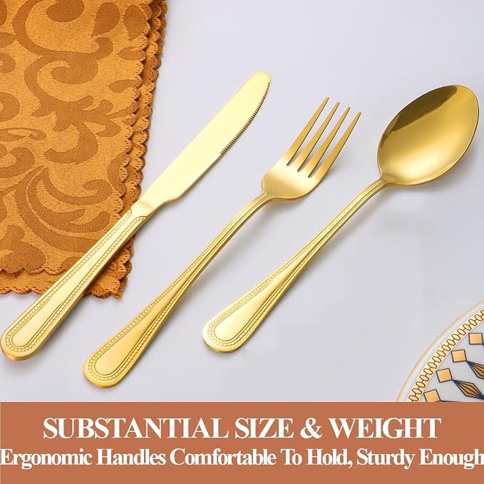 40 Pcs Gold Silverware Set for 8, Food Grade Stainless Steel Flatware Set, Eating Utensils Sets Include Fork/Knife/Spoon, Reusable Cutlery Set for Home Kitchen, Dishwasher Safe, Pearl-edged