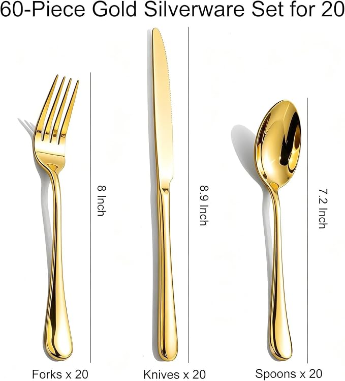 60-Pcs Gold Silverware Set - Stainless Steel Flatware Cutlery Set Service for 20, Mirror Polished Gold Flatware Set Include Forks Spoons Knives for Home, Wedding, Restaurant, Dishwasher Safe