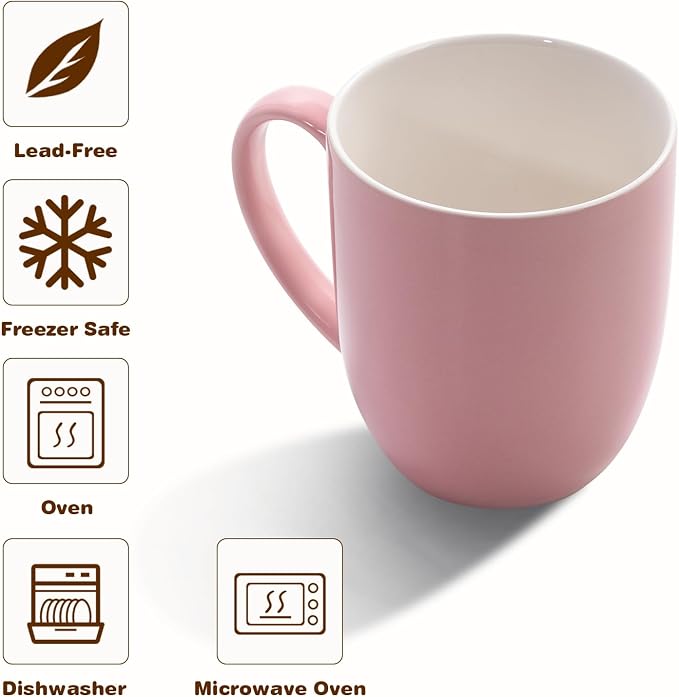 Urbanstrive 16 oz Large Coffee Mugs Set of 4 Ceramic Coffee Mug White Coffee Cups Tea Cups Idea Gift for Women Men House Warming Gifts New Home Office, Pink 4 Pack