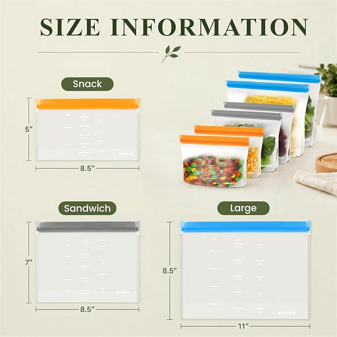 Dishwasher Safe Reusable Storage Bags Stand Up - BPA Free Reusable Sandwich Bag - Leakproof Gallon Freezer Bags, Food Storage Bags - Multicolor 6 Large + 6 Sandwich + 6 Snack Bags
