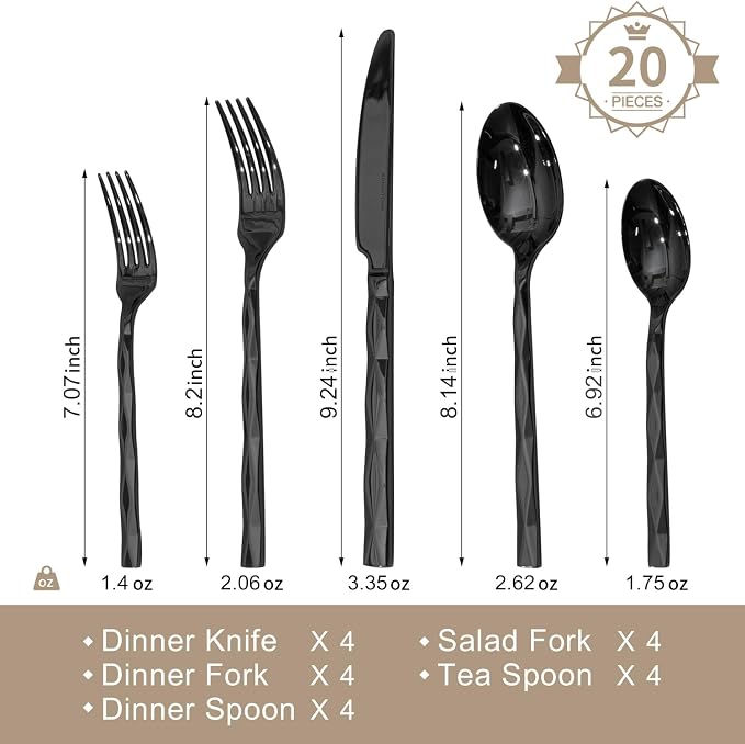 20 Piece 18/10 Black Silverware Set, Stainless Steel Flatware Cutlery for 4 | KINGSTONE Luxury Silverware with Diamond Cut Pattern, Mirror Polished Utensils for Kitchen, Wedding, Party, Dishwasher Safe