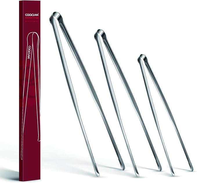 Precise Serrated Non-Slip Tips Cooking Tongs (9.5" & 11.5" & 13.5") | Durable 18/8 Stainless Steel Metal Tweezers Tongs, Lightweight Easy Control for Frying, Plating, BBQ, Easy to Care & Clean