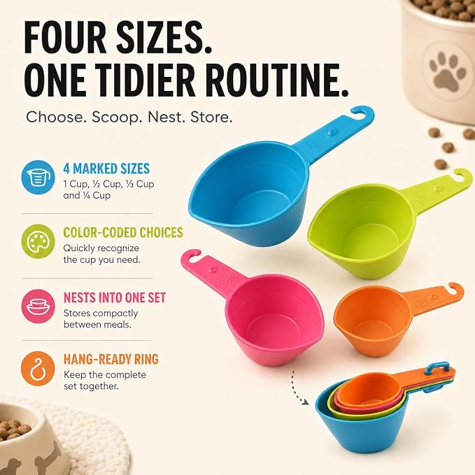 Vila Cat Food Measuring Cups, One Set to Feed Them All - Ideal Scoop Cups for Multi-Pet Homes, Perfect Portion for Your Pets, Easy to Fill and Measure, 4pcs