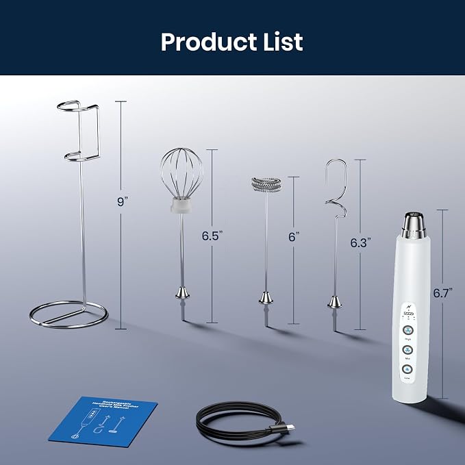 Milk Frother Wand Rechargeable Handheld Electric Whisk 3 Speed Adjustable | Coffee Frother Wand with 3 Stainless Whisks Electric Foam Maker Drink Mixer Blender for Latte Cappuccino Matcha Egg