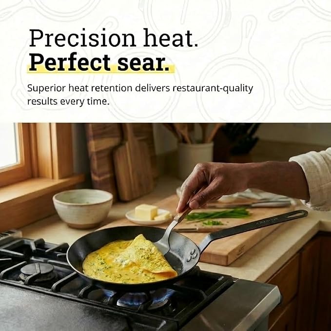 Lodge Seasoned Carbon Steel Skillet - Lightweight High Heat Frying Pan with Long Handle - Quick Temperature Response - Ideal for Searing & Sautéing - 10 Inches