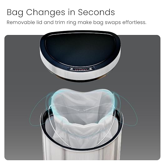 Home Zone Living 13 Gallon Motion Sensor Trash Can with Automatic Lid | Stainless Steel with Touch Control Lid, Hands-Free Operation for Kitchens, Flat Back Semi-Round Shape, Silver