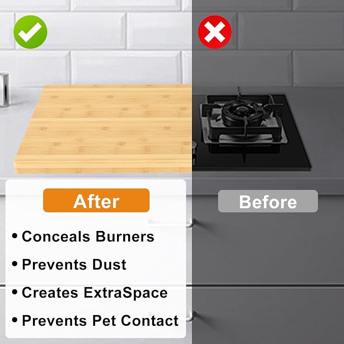 Bamboo Noodle Board Stove Cover for Electric and Gas Stoves - Sink Cover, 30"L x 22"W x 2.5H" - Double-Sided Usable