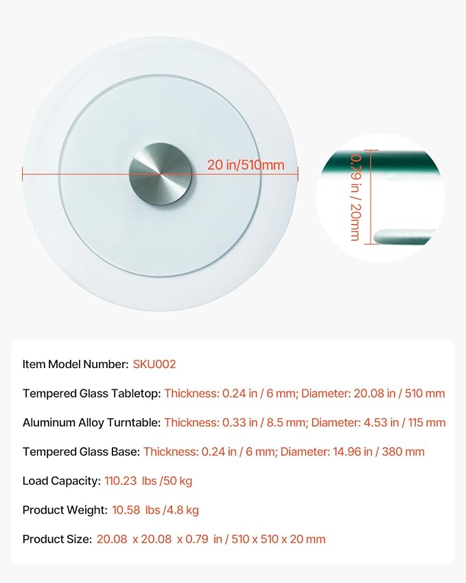 VEVOR 20 in Glass Lazy Susan Turntable, 360° Rotation Round Clear Tabletop Rotating Tray, Tempered Glass Dining Table Centerpiece, Smooth and Silent Spin, for Family Gatherings, Banquets & Weddings