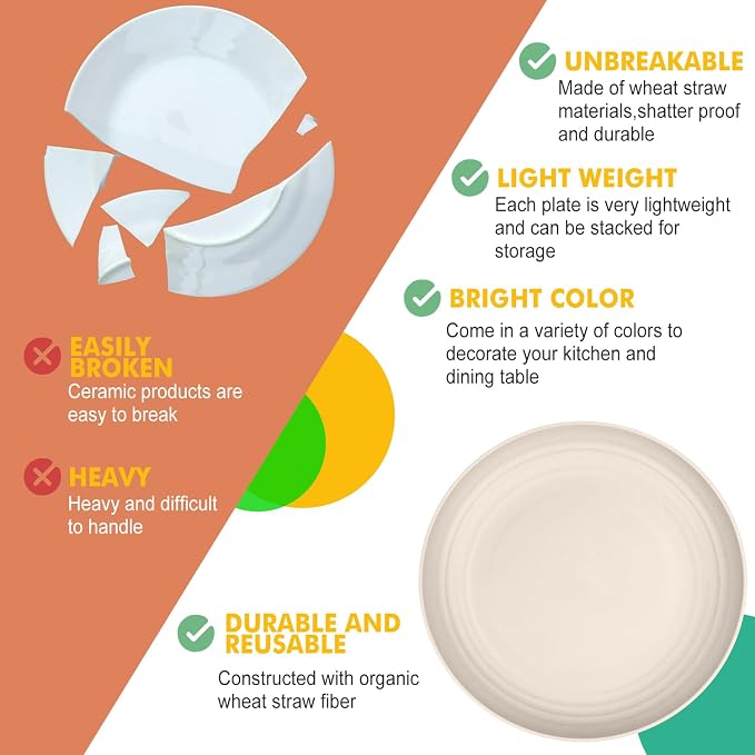 Wheat Straw Plates 8 PCS Unbreakable Dinner Plates - 10 inch Dishwasher & Microwave Safe Plastic Plates Reusable Lightweight Roud Plates, Plates for Kitchen, Dinner, Outdoor,Picnic (Beige)
