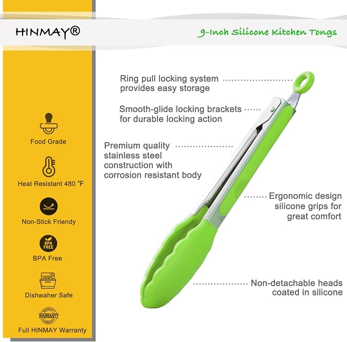 HINMAY Silicone Tongs 9" Stainless Steel Kitchen Tongs, Set of 3 (Green)