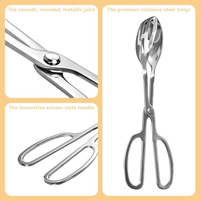 Kitchen Tongs for Cooking for Buffet Party Catering - Stainless Steel Salad Tongs for Food Bread Cake Bake Dessert, 10-Inch Serving Tongs for Grill, Steak, Barbecue, Scissor Design (2 Pack)