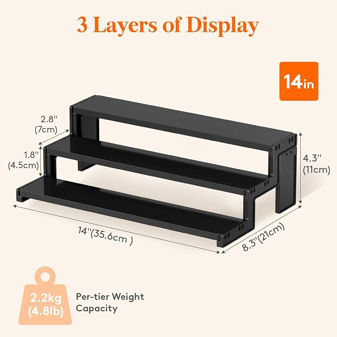 Lifewit 14″ Spice Rack, Perfume Cologne Stand,Tool-Free Assembly, 2 Pcs | 3-Tier Black Display Riser Shelf, Cupcake Stand, Seasoning Figurine Makeup Holder, Room Decor, Kitchen Cabinet Storage