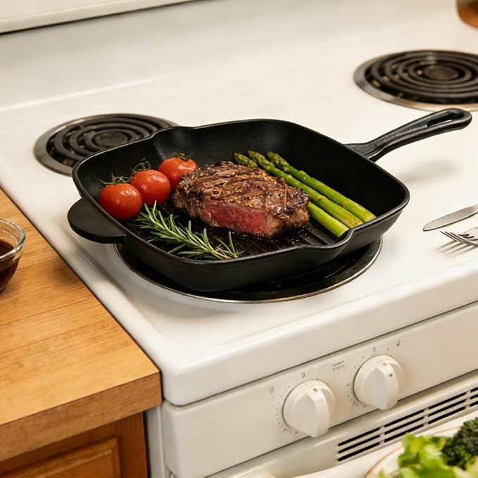 11 Inch Square Grill Pan & Cast Iron 10.5 Inch Round Griddle, Pre-Seasoned Crepe Pan, BBQ Hot Plate Pans with Handle Silicone