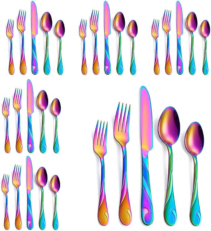 Rainbow Silverware Set, 30-Piece Stainless Steel, Service for 6 | Flatware set for 6 with dinner and salad forks, knives, spoons and teaspoons, dishwasher safe for parties and weddings