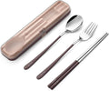 DEVICO Travel Utensils with Case, 18/8 Stainless Steel Silverware for Lunch | 4Pcs Portable Reusable Travel Cutlery Set, Korean Chopsticks Fork and Spoon Set for Camping/Picnic/Work/Gadgets/School, Brown