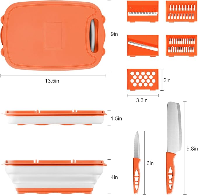 Gintan Camping Cutting Board, 9-in-1 Collapsible Chopping Board with Colander, Kitchen Vegetable Washing Basket for Camping, Camping Gifts Camping Accessories for RV Campers (orange)