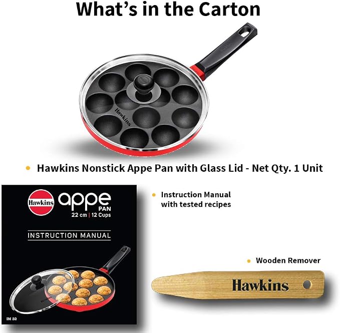 Hawkins Nonstick Appe Pan with Glass Lid, 12 Cups, Diameter 20 cm, Black, Cast Aluminium, Red
