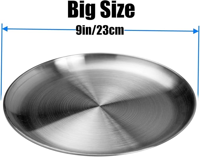 CAMBUY Stainless Steel Plates 9 inch 10 Pcs Metal Dinner Dishes Plate Set | Reusable Unbreakable Lightweight Non-Toxin Dishwasher Safe BPA Free Dish Set for Home Kitchen BBQ Restaurant Outdoor Camping