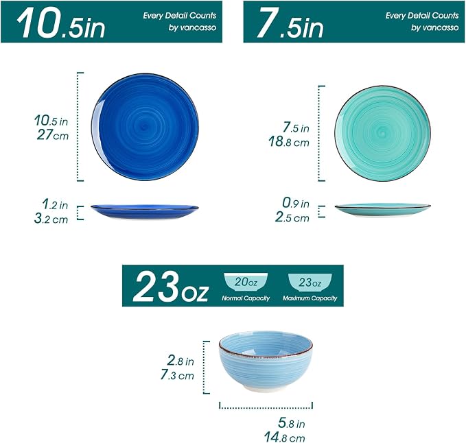vancasso Bonita Plates and Bowls Set 18 Pieces Blue Stoneware Service for 6 | Modern Round Dinnerware Sets, Hand-Painted Spiral Dishes Set-Microwave and Dishwasher Safe (Blue,18 Pcs)