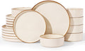 Famiware Nebula 18-Piece Dinnerware Set, Vanilla White with Brown Rim | Stoneware Dish Set for 6, Plates and Bowls, Microwave and Dishwasher Safe, Chip and Scratch Resistant