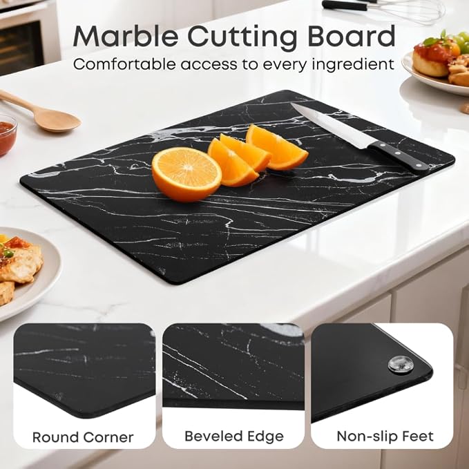 Murrey Home Glass Cutting Board for Kitchen Counter, Tempered Glass Chopping Boards Dishwasher Safe, Small Clear Countertop Tray, Scratch Resistant, Heat Resistant, Non Toxic, Black Marble, 16"x12"