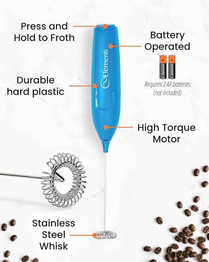 Elementi Powerful Frother Wand – Lightweight Milk Frother & Drink Mixer Handheld, Matcha Whisk for Dreamy Lattes, Powerful Coffee Mixer Wand & Blender Stirrer - Make Creamy Cappuccinos (Electric Blue)
