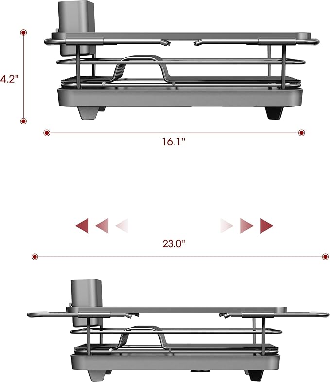 Sakugi Extendable Dish Drying Rack Over Sink with Dish Drainer, Sink Organization and Storage Essentials with Silverware & Utensil Holder, Home and Apartment Decor, 12" W x 16.1~23" L, Silver