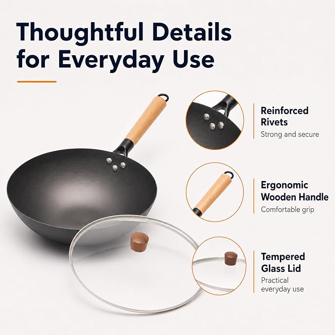 12.6" Carbon Steel Wok Pan, Flat Bottom Stir Fry Wok with Spiral Thread Interior, Coating‑Free Naturally Seasoning Wok, Compatible with Gas, Electric & Induction Cooktops