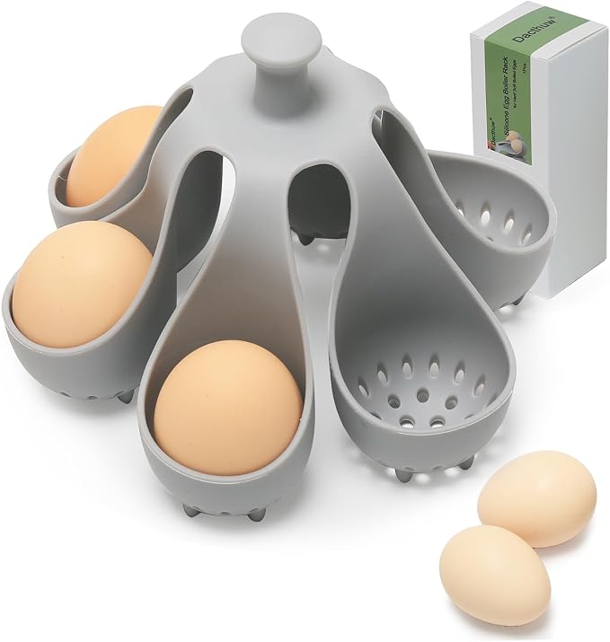 Silicone Egg Boiler Rack for Hard Soft Boiled Eggs, Food Grade Silicone Egg Boiler Cooker with 6 Holders, Kitchen Gadget for Cooking/Serving Eggs with Handle, Dishwasher Safe