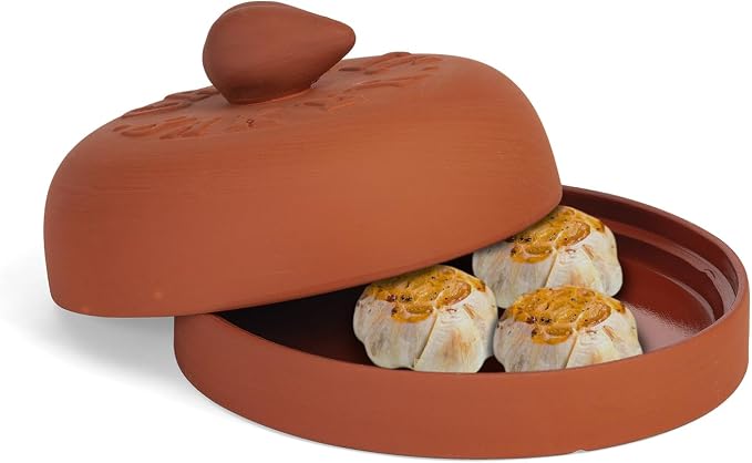 Fox Run Garlic Baker, 7-Inch, Terra Cotta | Oven, Microwave & Convection Oven Compatible | Dish & Lid For Roasting Bulbs of Garlic | Cute Terracotta Oven Garlic Baker