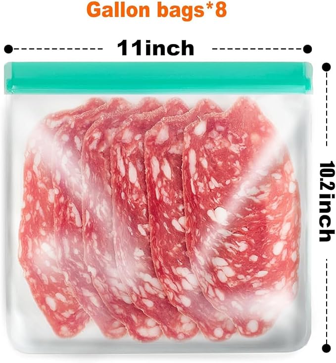 8 Pack Reusable 1 Gallon Freezer Bags, BPA-Free, Dishwasher Safe | 8 reusable 1-gallon PEVA bags with leak-resistant double zippers; freezer and top-rack dishwasher safe for food storage
