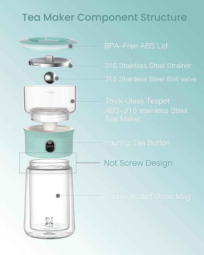ZENS Modern Glass Infuser Teapot, One Touch Tea Release Loose Tea Maker | Loose Leaf Tea Diffusers, Magic Teapot with 9oz Mug, Portable Tea Infuser with Case, Tea Lovers Gifts, Blue
