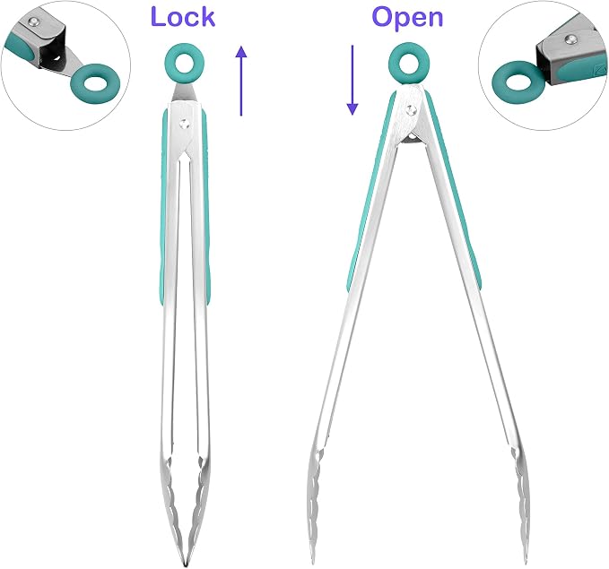 304 Stainless Steel Kitchen Cooking Tongs, 12 & 14", Set of 2, Aqua Sky | Locking Food Tongs with Non-slip Grips and Hanging Loops for Cooking, Grilling, BBQ and Serving, Dishwasher Safe