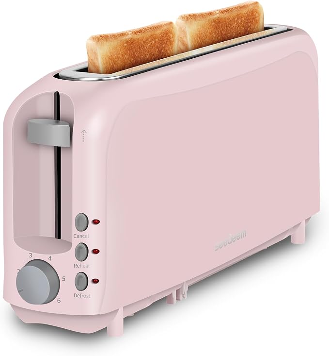 SEEDEEM 2 Slice Slim Toaster, 10" Long Slot, 6 Shade Settings, Pink | Long Slot, 6 Shade Settings, Cancel/Reheat/Defrost, Removable Crumb Tray