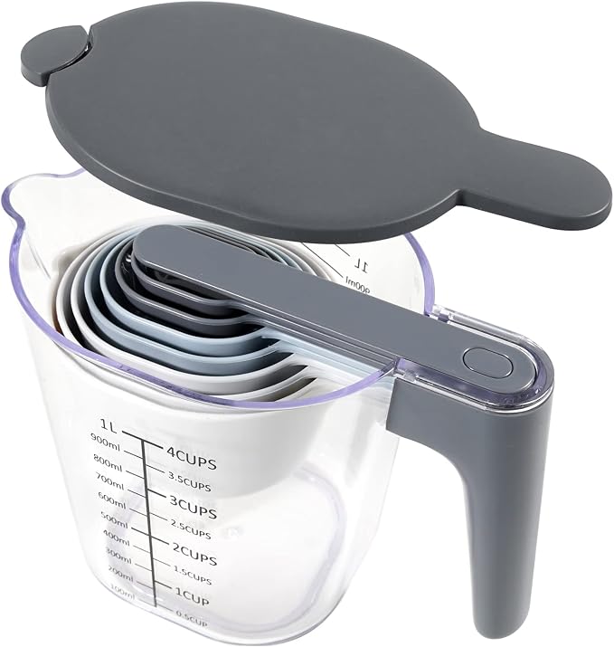 Stackable 10-Piece Measuring Cups and Spoons Set with Lids | BPA-free & dishwasher safe. Kitchen gadgets for cooking & baking. Dust-proof nested utensils for dry or liquid food