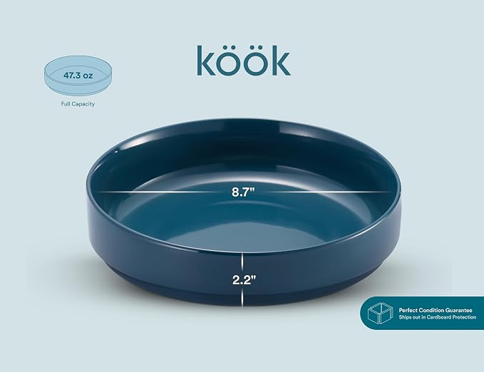 KooK Pasta Bowl, Bowl Plate, Low Bowl, Plate Bowls, Ceramic Large Shallow Bowls, Microwave and Dishwasher Safe, Great for Soups and Salads, Glossy Porcelain, 47 oz, Set of 4, Teal