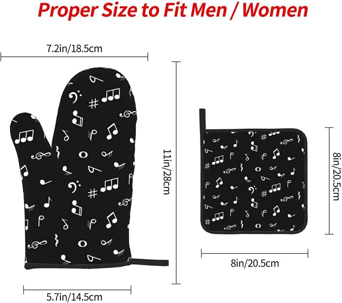 Music Notes Oven Mitts and Pot Holders Sets of 3 Black Hot Pads Musicial Oven Gloves Heat Resistant Non Slip Washable for Kitchen Cooking Grilling Baking