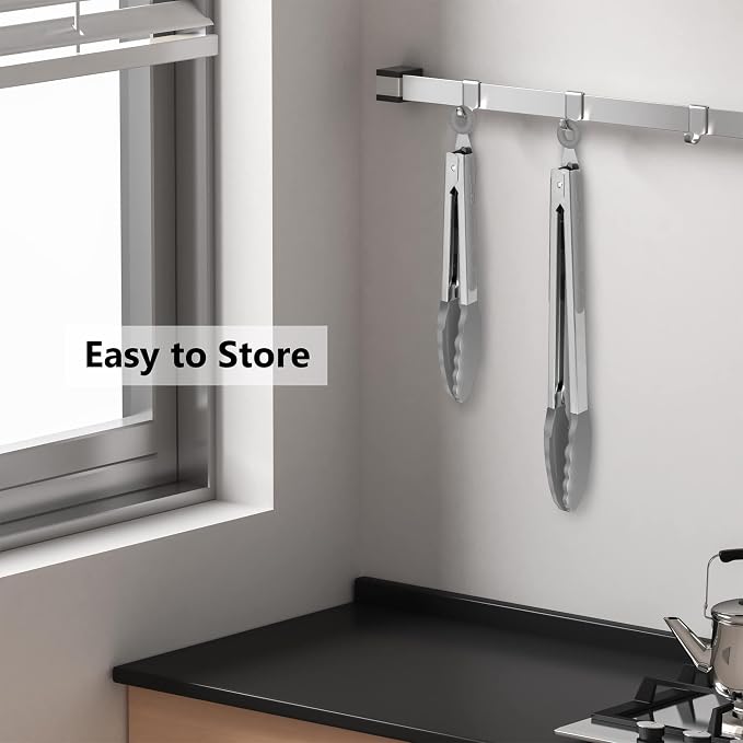 2 Pack Silicone Kitchen Tongs, 9 & 12 Inch, Stainless Steel, Grey | Heat Resistant to 500°F with BPA-free Silicone Tips, Locking Clip and Nonslip Handles for Nonstick Cookware and Grilling